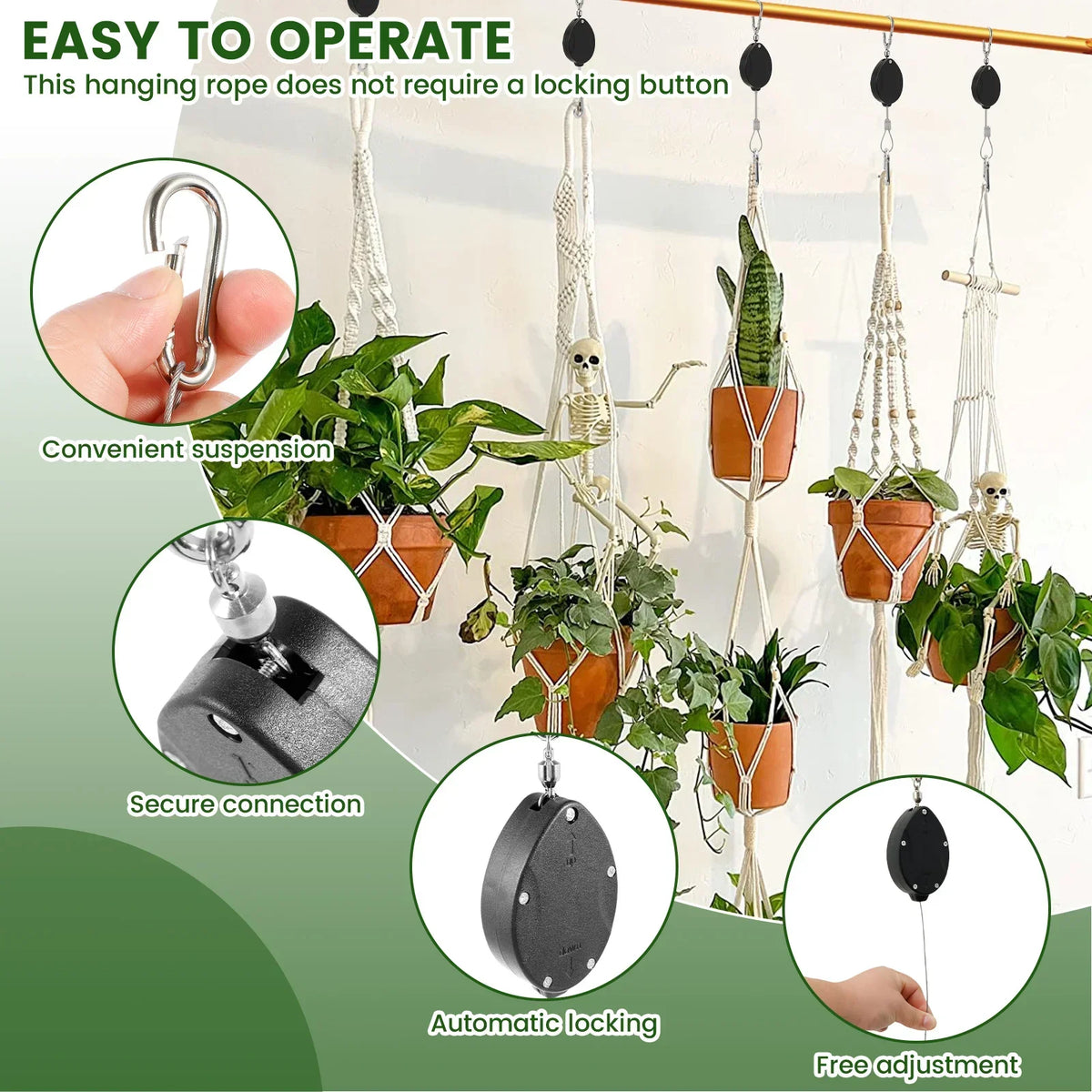 2-Pack Retractable Plant Pulley Hooks – Auto Lock Heavy Duty