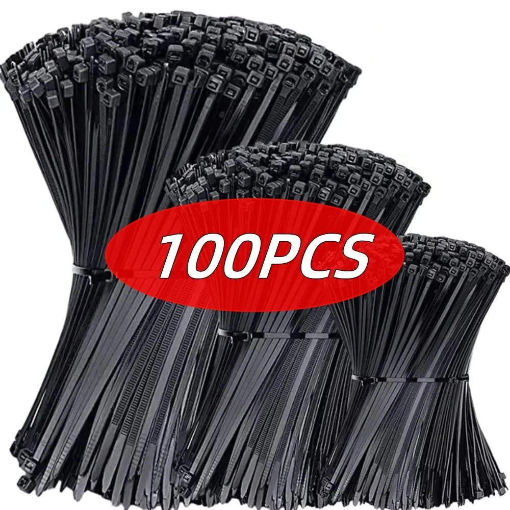 100 PCS Nylon Cable Ties Set – Black Self-Locking Zip Wraps