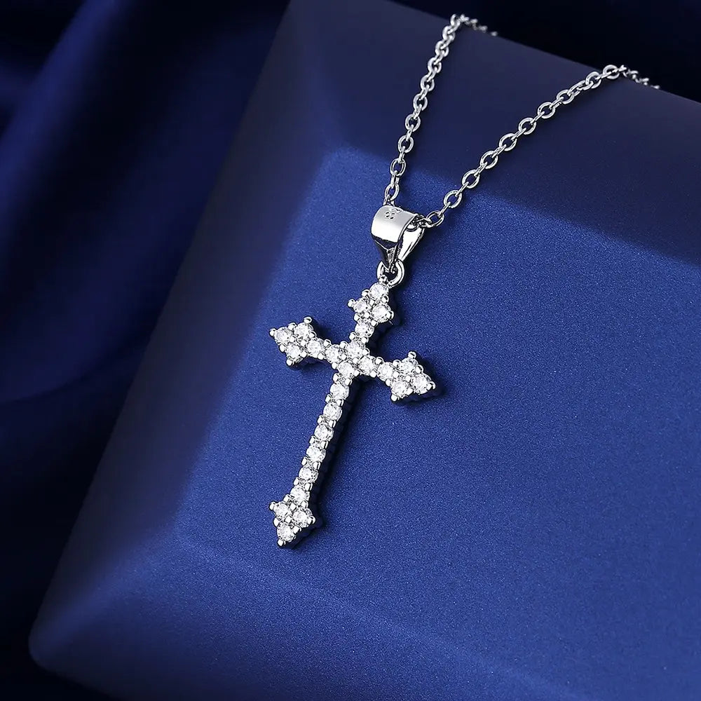 Women's Silver Cross Pendant Necklace | Rhinestone Copper