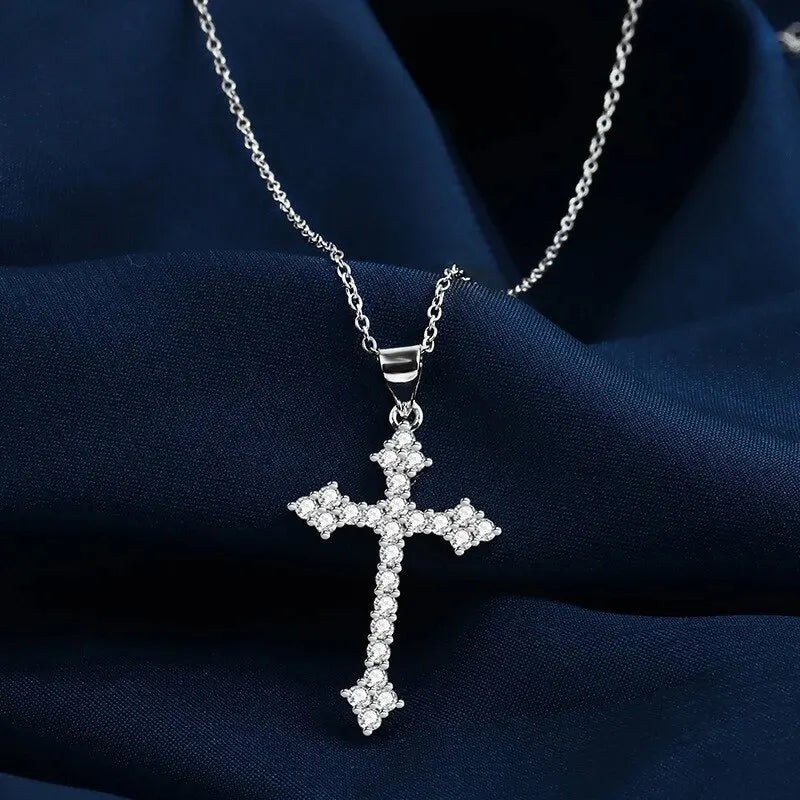Women's Silver-Plated Cross Pendant Necklace with Rhinestones