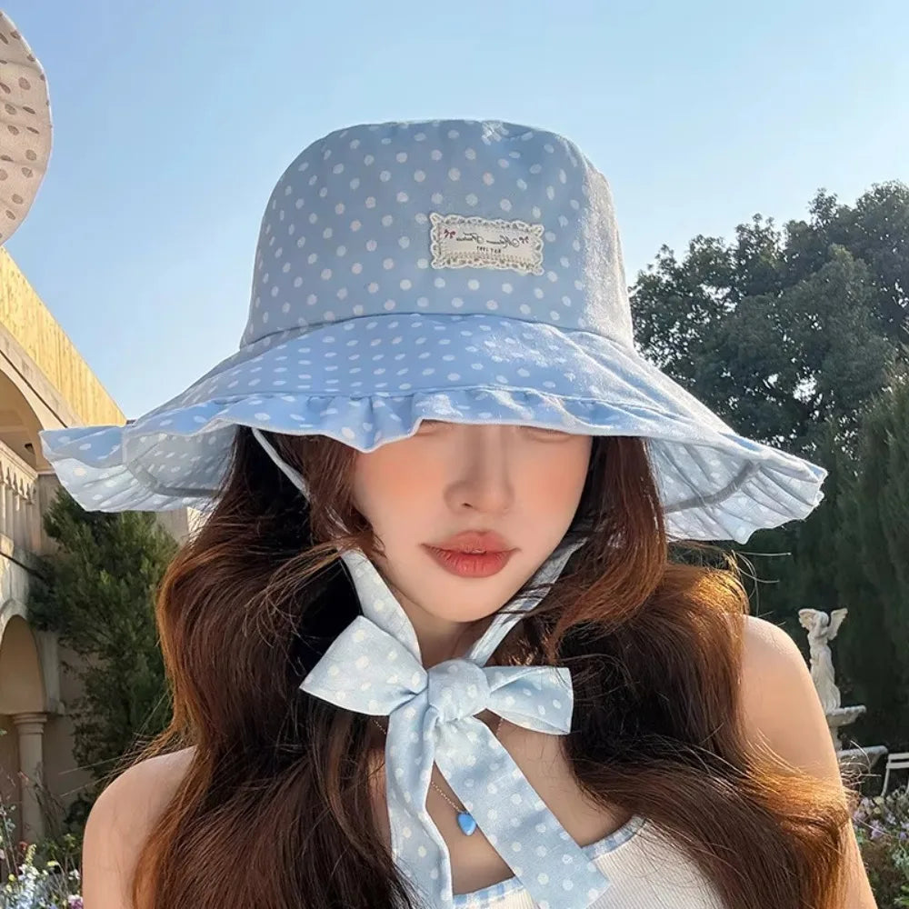 Women's Polka Dot Wide Brim Bucket Sun Hat with Ribbon