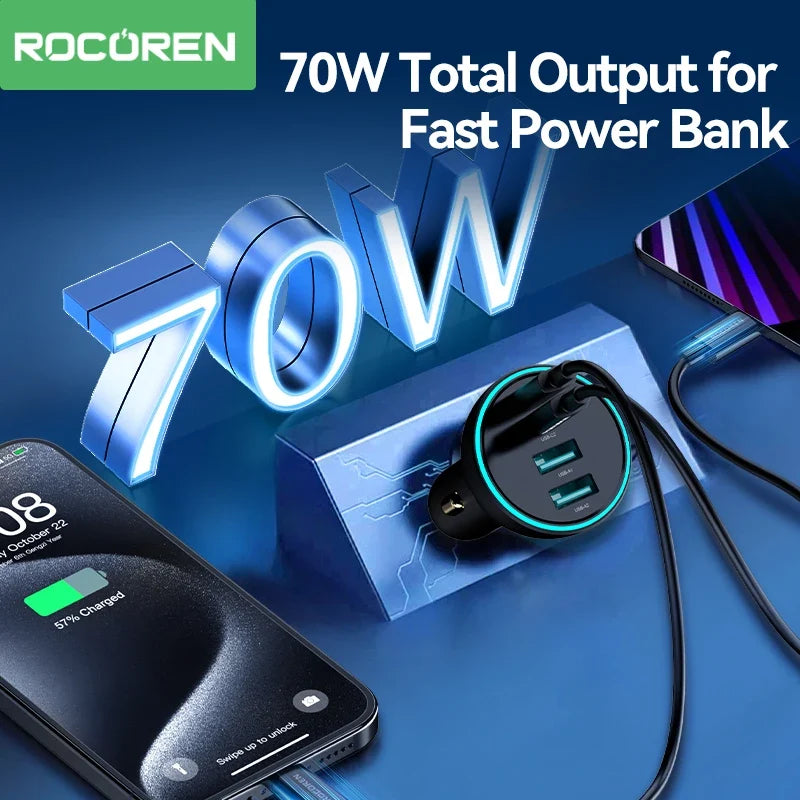 Rocoren 70W 4-in-1 Car Charger USB-C QC4.0 PD3.0 Fast Charge