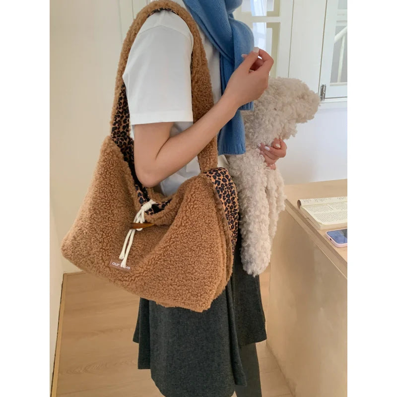 Nixie Plush Leopard Print Tote Bag – Large Crossbody Bucket Bag