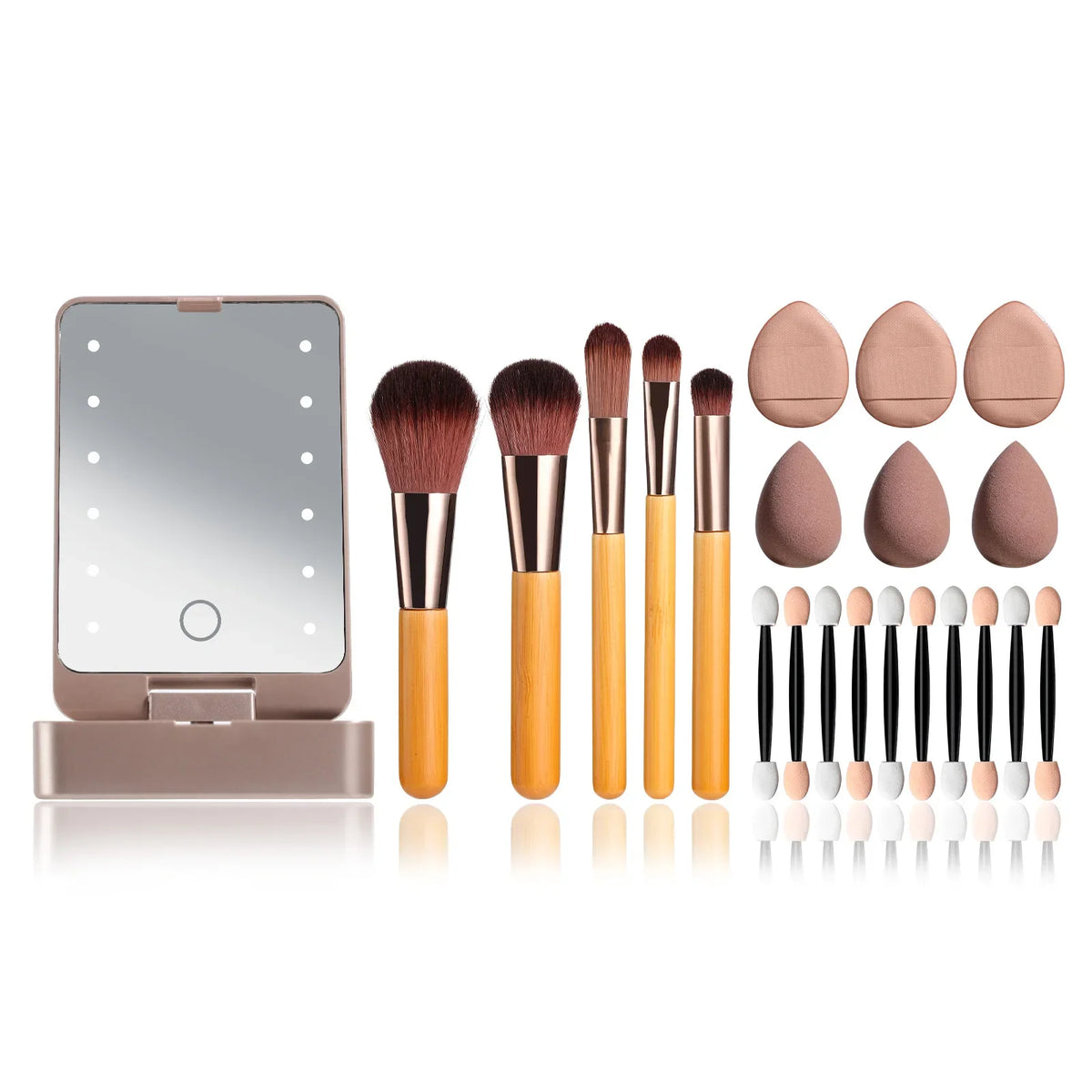 Travel Makeup Brush Set with Illuminated Folding Mirror & Sponges