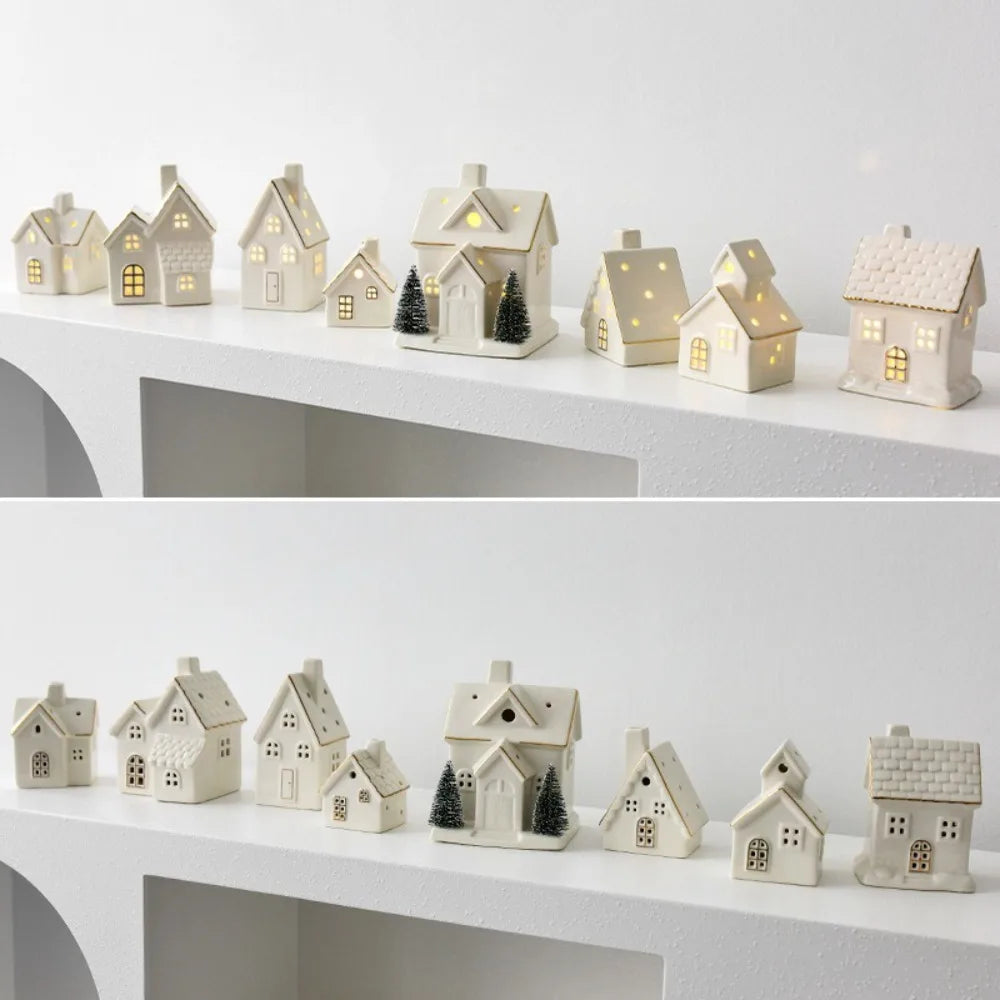 LED Light-Up Ceramic Christmas Village Houses | White Porcelain