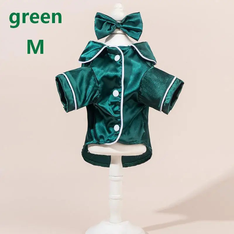 Satin Dog Pajamas Set with Bow Headband | Soft Pet Sleepwear