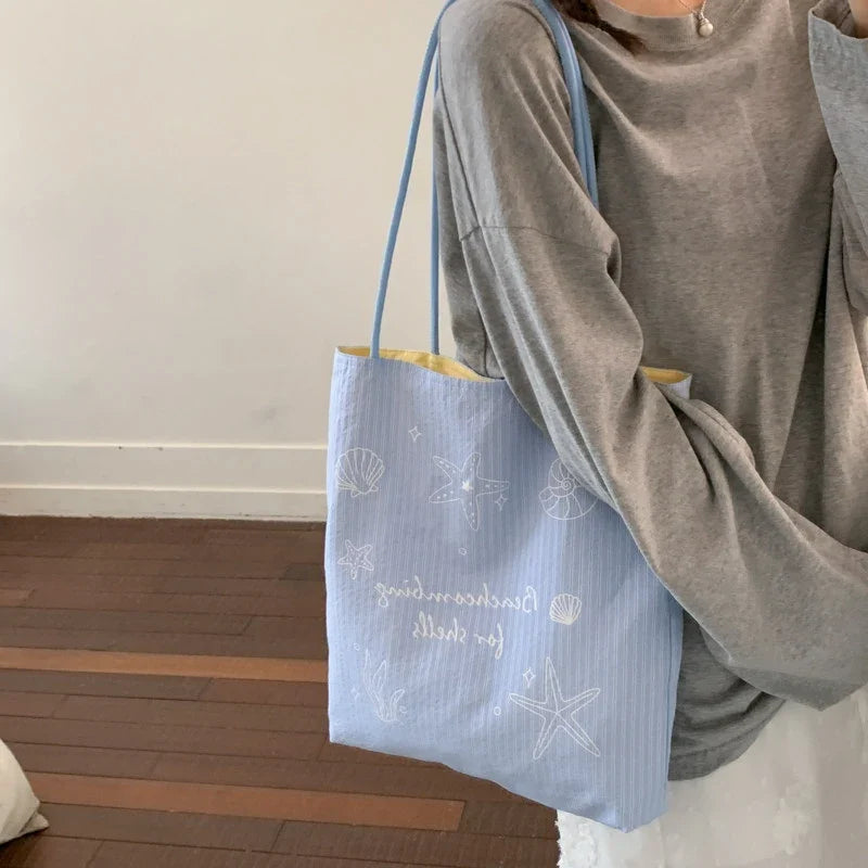 Women's Large Canvas Striped Tote Shoulder Bag | Korean Style