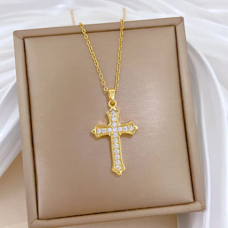 Women's Gold Cross Pendant Necklace – Zircon & Stainless Steel