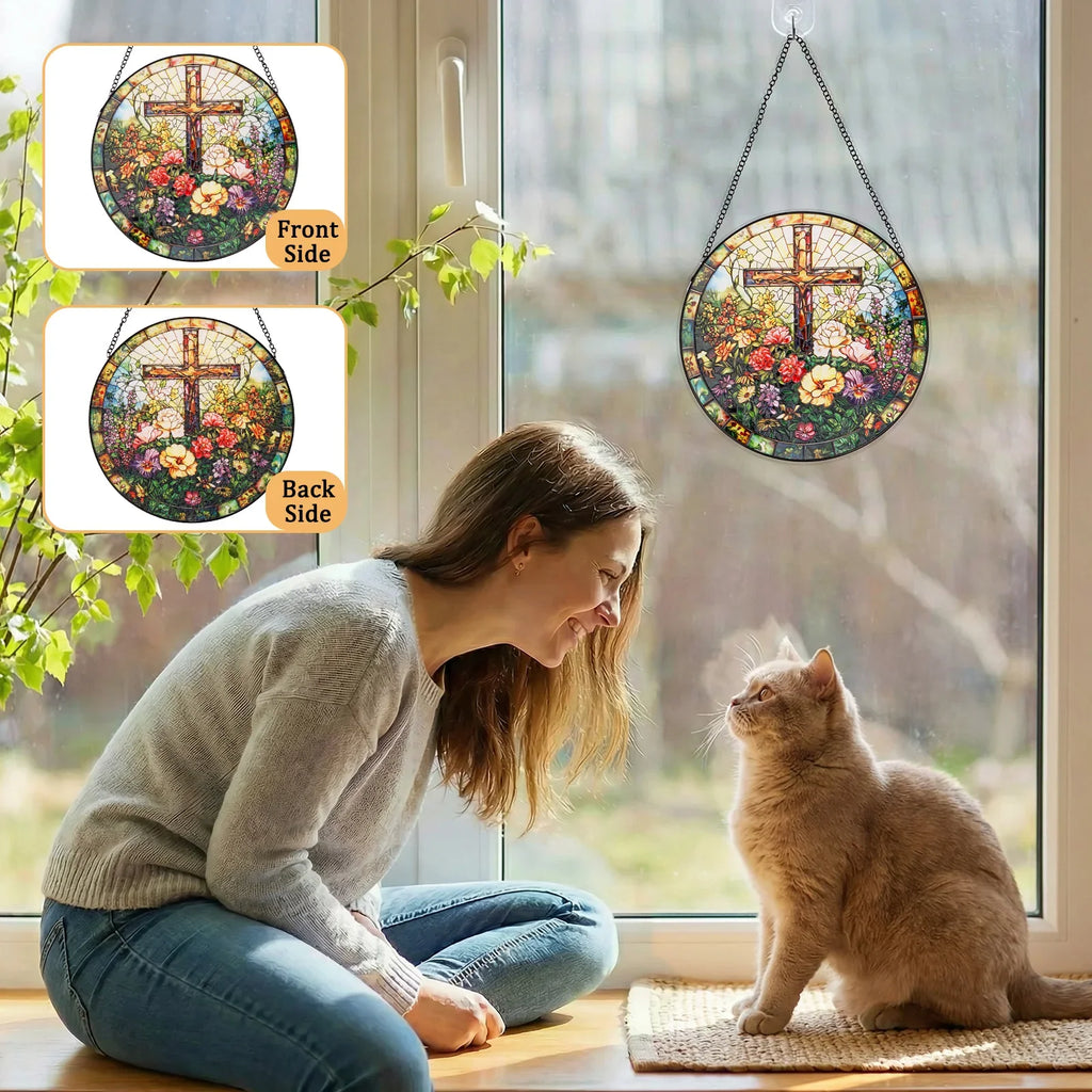 Stained Glass Cross Suncatcher 9.84" – Window Hanging Decor