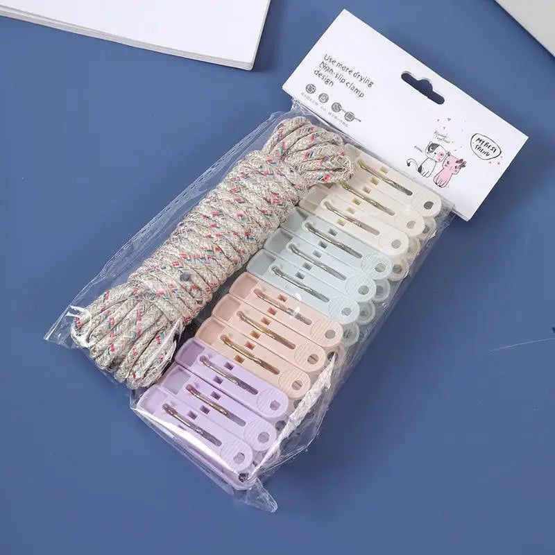 12-Clip Colorful Windproof Clothesline Set – Nylon Drying Clips