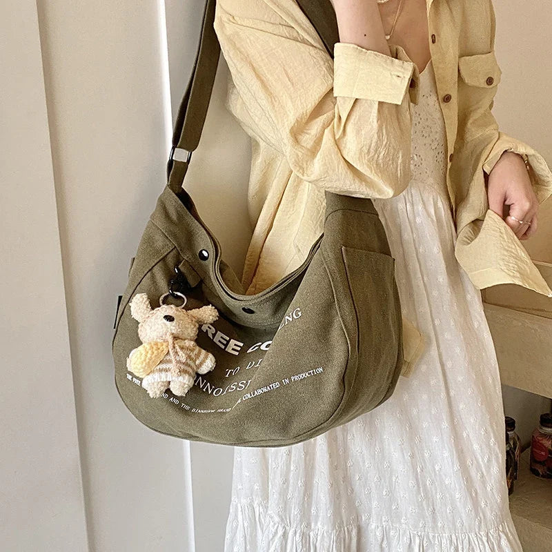 Women's Letter Print Canvas Tote Bag | Large Crossbody