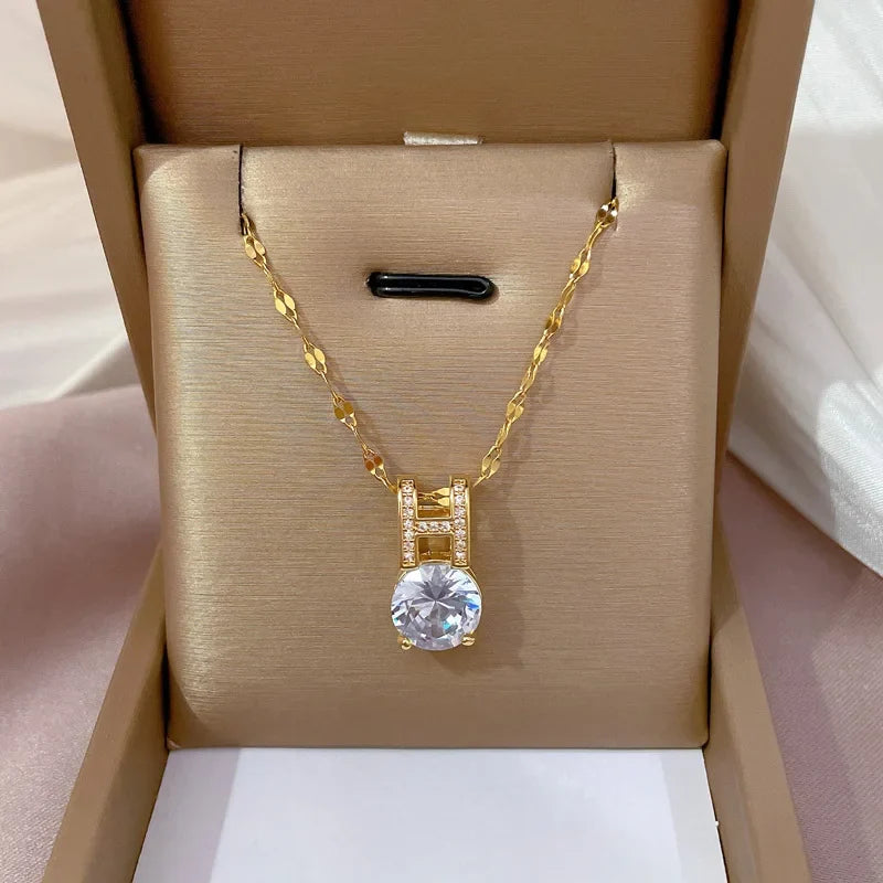Women's Gold Zircon Pendant Necklace – Stainless Steel Chain