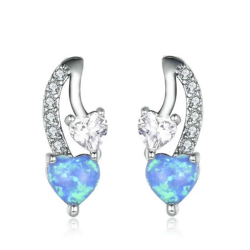 Women's Silver Blue Simulated Opal Heart Stud Earrings