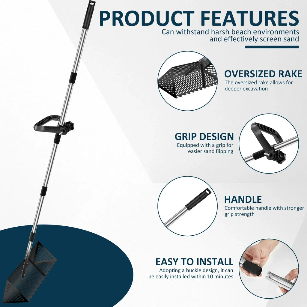 Stainless Steel Sand Flea Rake & Beach Sifter – 52" Handle