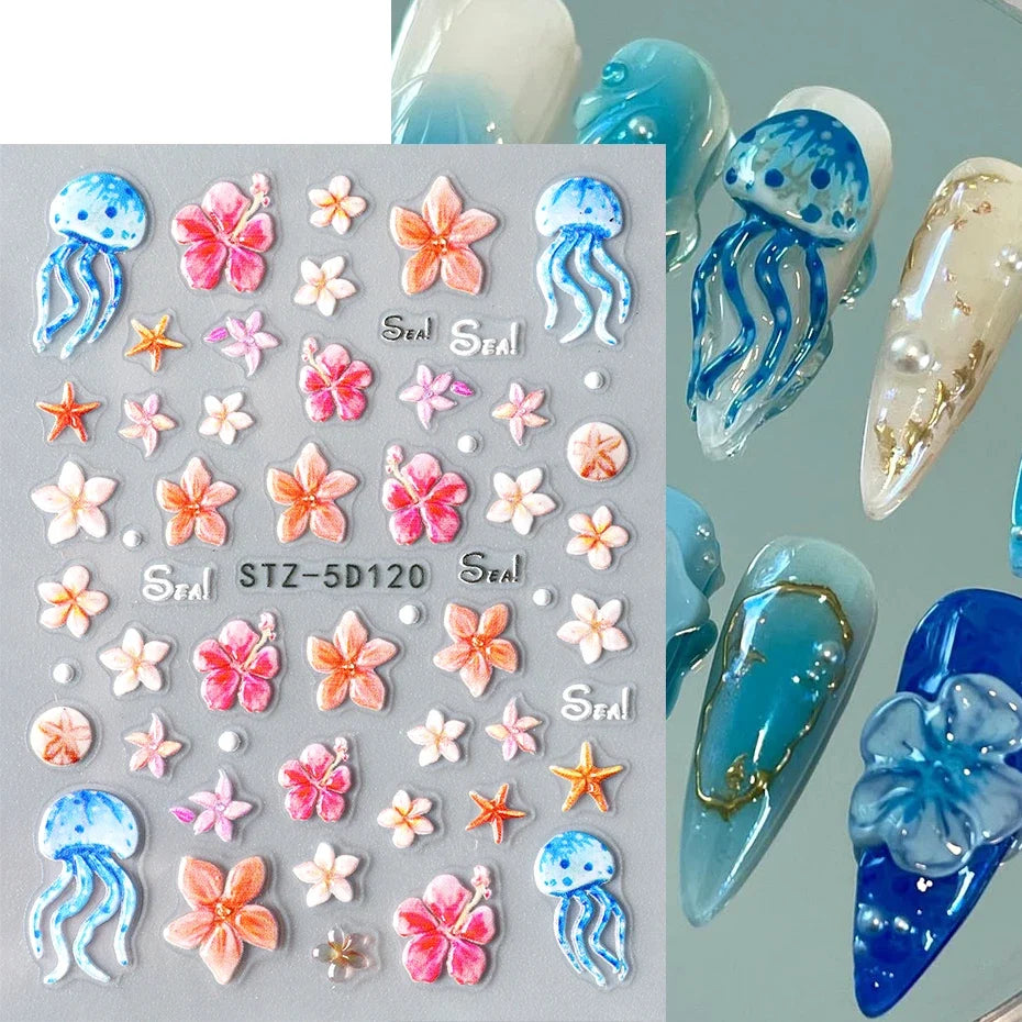 3D Ocean Beach Nail Stickers – Shells, Starfish & Floral Decals