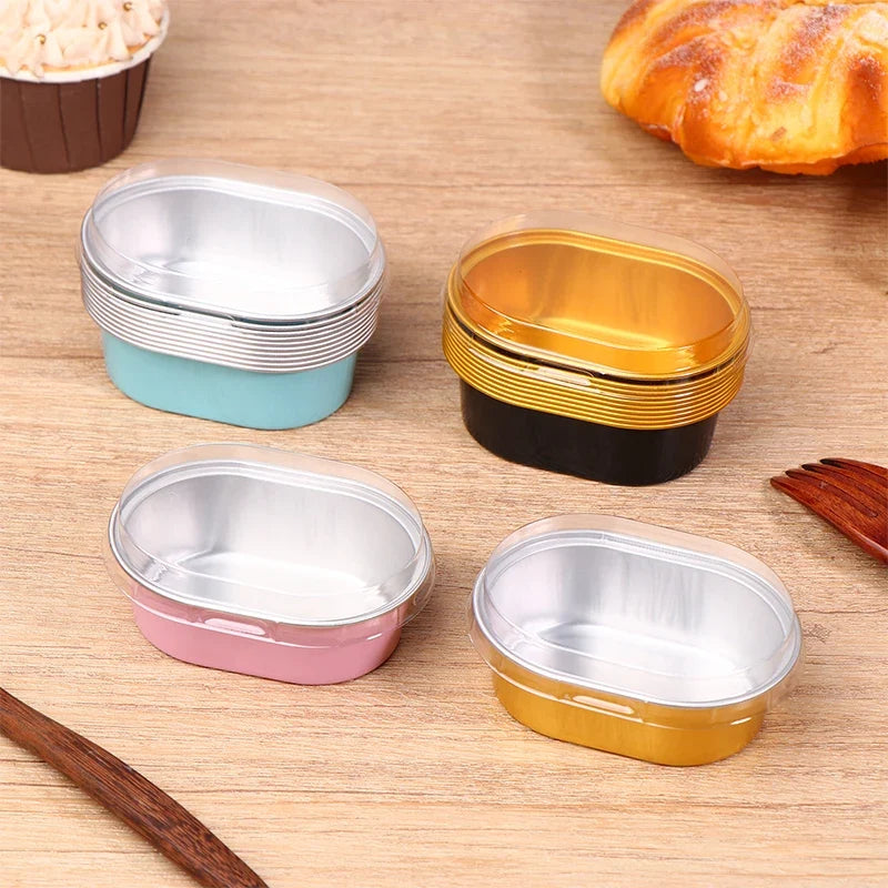10Pcs Aluminum Foil Baking Cups with Lids – 68ml Oval Dessert Molds
