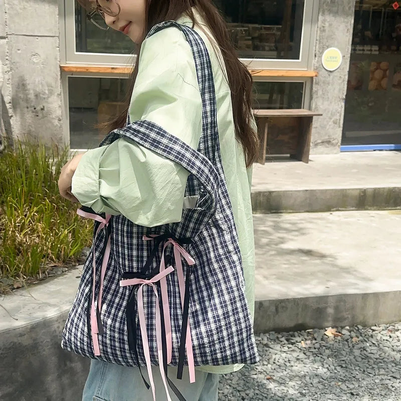 Korean Academia Plaid Bow Tote Bag – Large Canvas Shoulder Bag