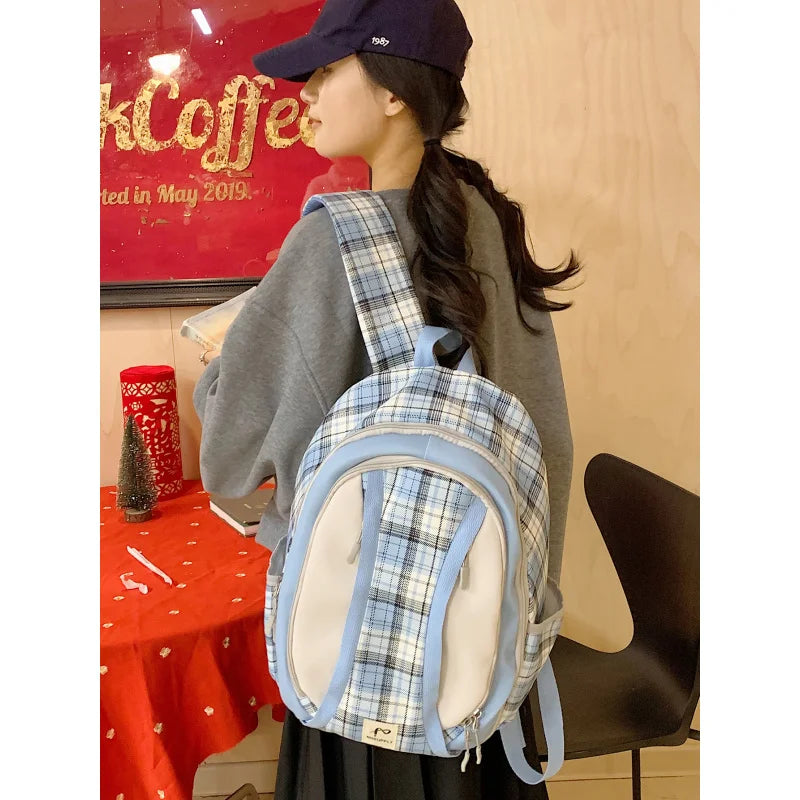 Korean Style Plaid School Backpack – Lightweight Large Capacity