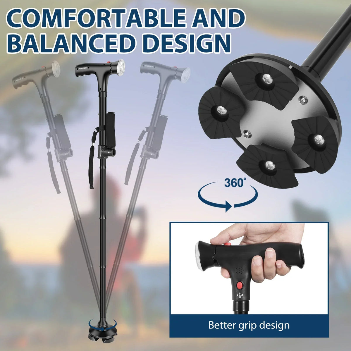 Folding Walking Cane with LED Light & SOS Alarm | Aluminum