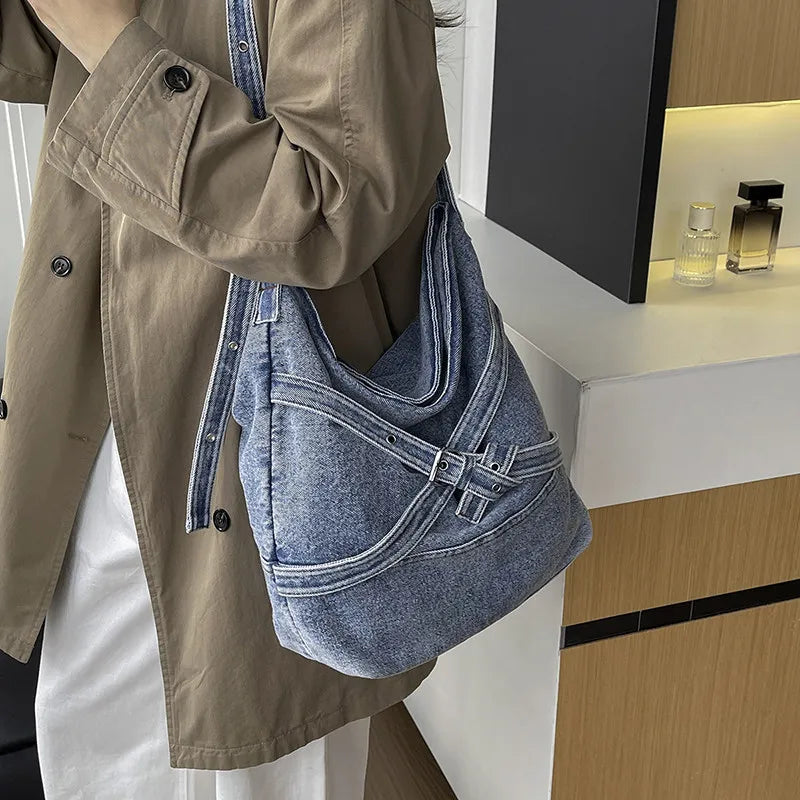 Vintage Washed Denim Tote Bag – Large Crossbody for Women