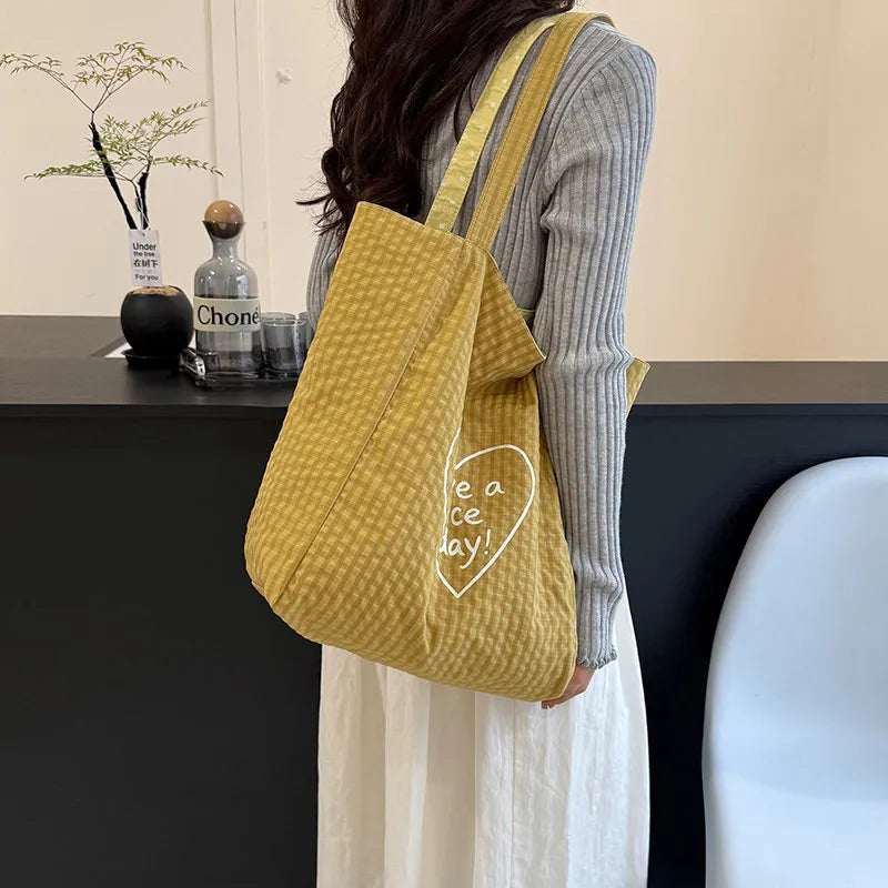 Double-Sided Plaid Polka Dot Canvas Tote Bag – Large Women's Shoulder Bag