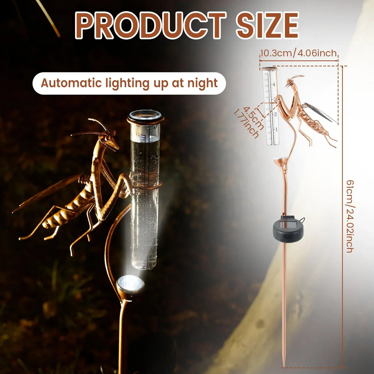 Solar Mantis Rain Gauge with LED Light – Decorative Garden Tool
