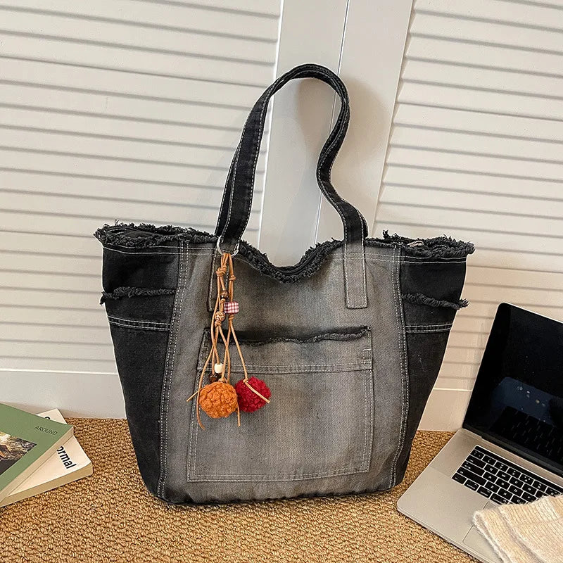 Japanese Washed Denim Tote Bag – Large Women's Shoulder Bag