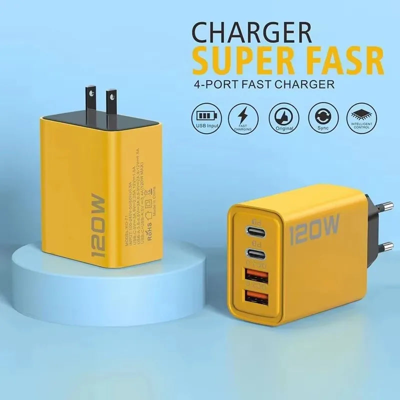 120W 4-Port USB-C PD Fast Charging Adapter for iPhone & Android