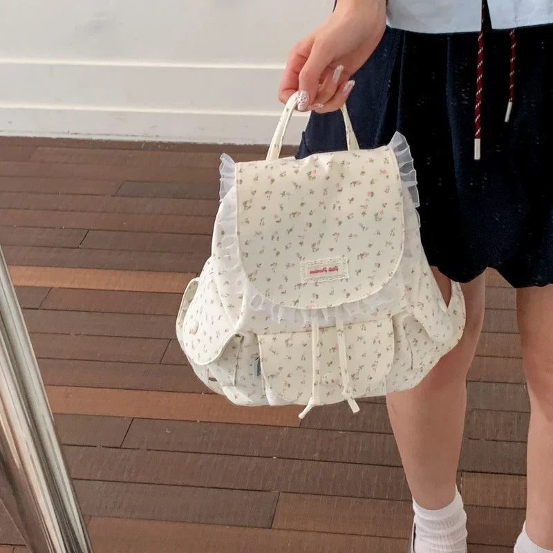Korean Floral Canvas Backpack – Large Capacity Women's Bag