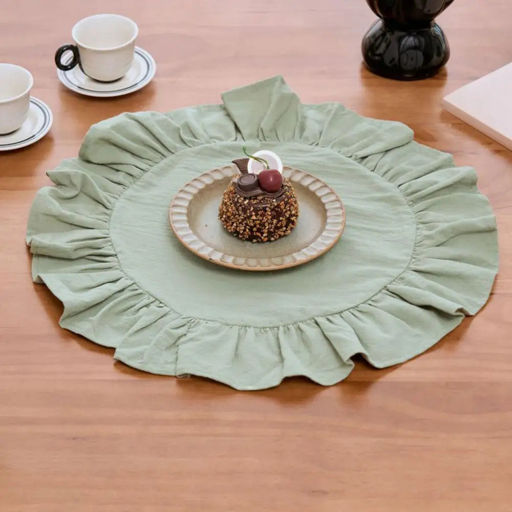 Rustic Round Placemat Ruffled Trim Washed Cotton Table Mat 15"