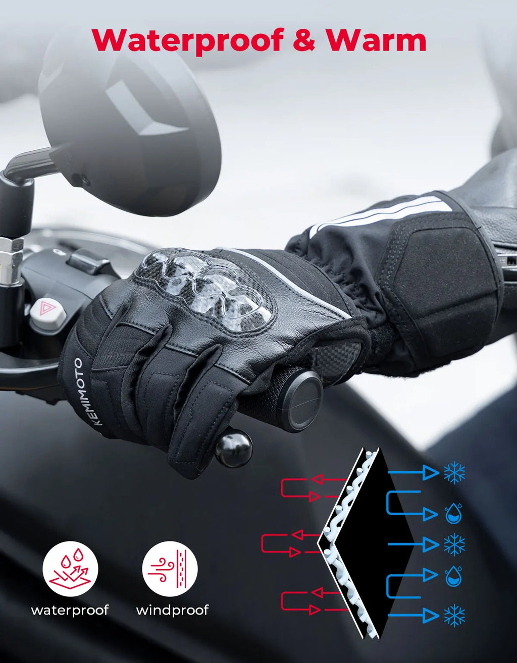 KEMIMOTO Winter Motorcycle Gloves – Waterproof Touchscreen