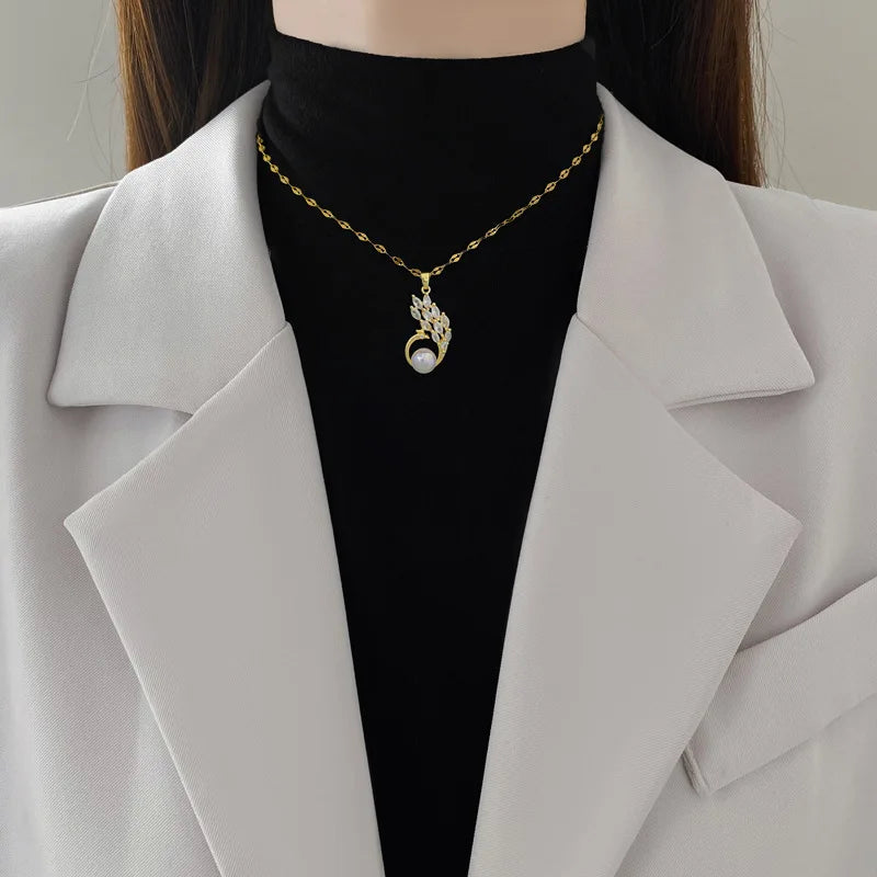 Peacock Pendant Necklace Gold Stainless Steel Choker for Women