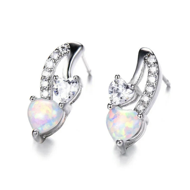 Women's Silver Blue Simulated Opal Heart Stud Earrings