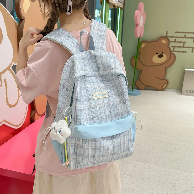 Korean Plaid Backpack for Girls – Large Capacity School Bag