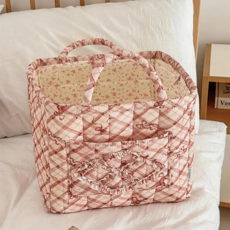 Large Quilted Floral Storage Basket with Handles – Foldable