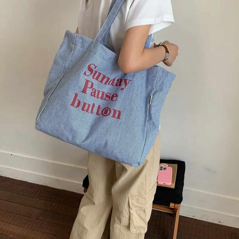 Korean Striped Canvas Tote Bag – Large Capacity Women's Bag