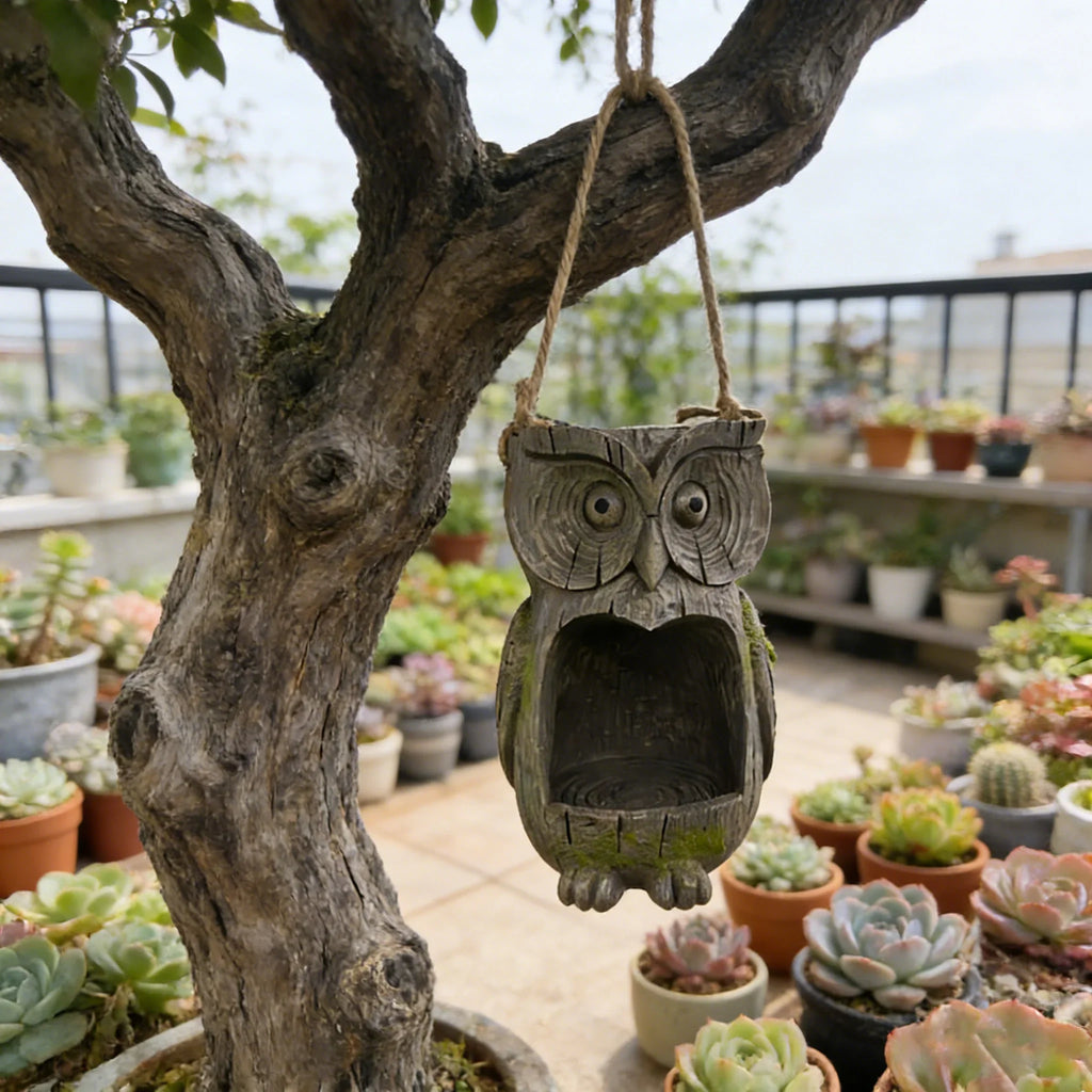 Owl Bird Feeder – Realistic Resin Hanging Feeder for Garden