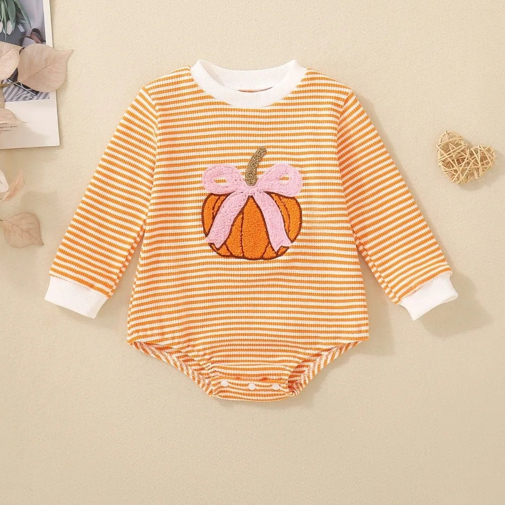 Pumpkin Embroidery Baby Bodysuit – Long Sleeve Infant Romper