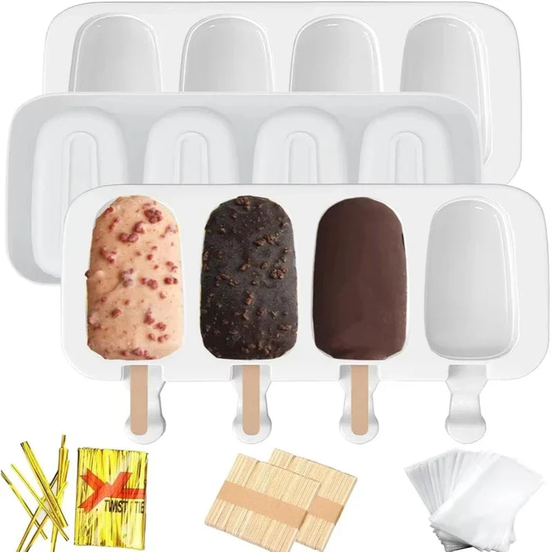 4-Pack Large Silicone Popsicle Molds with Wooden Sticks