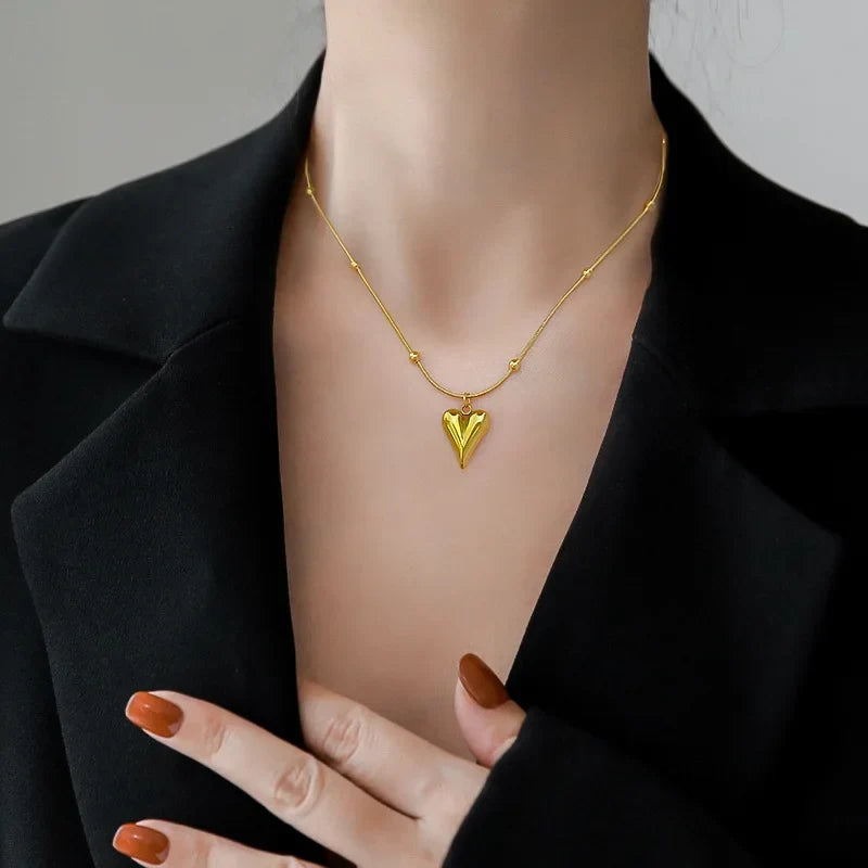 Beaded Heart Gold Clavicle Chain Necklace for Women