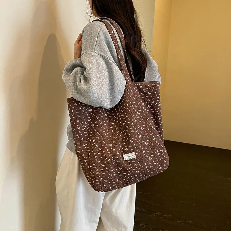Korean Floral Canvas Tote Bag – Women's Spacious Shoulder Bag