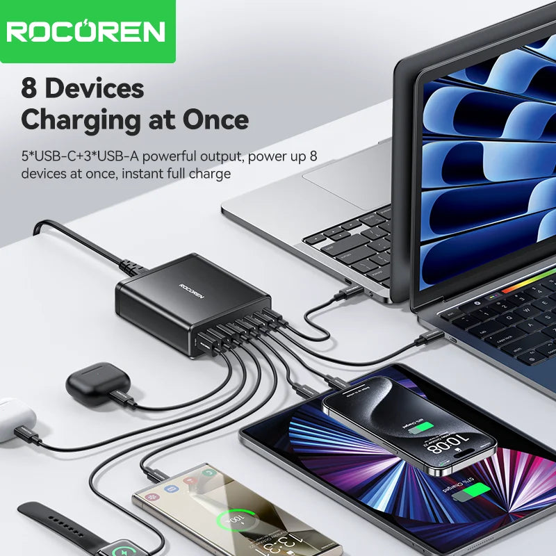 Rocoren 185W 8-in-1 USB-C Multi-Port Desktop Fast Charger