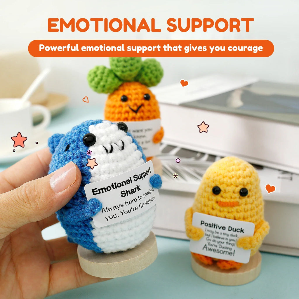 3 Handmade Crochet Animal Dolls with Motivational Cards & Wood Bases