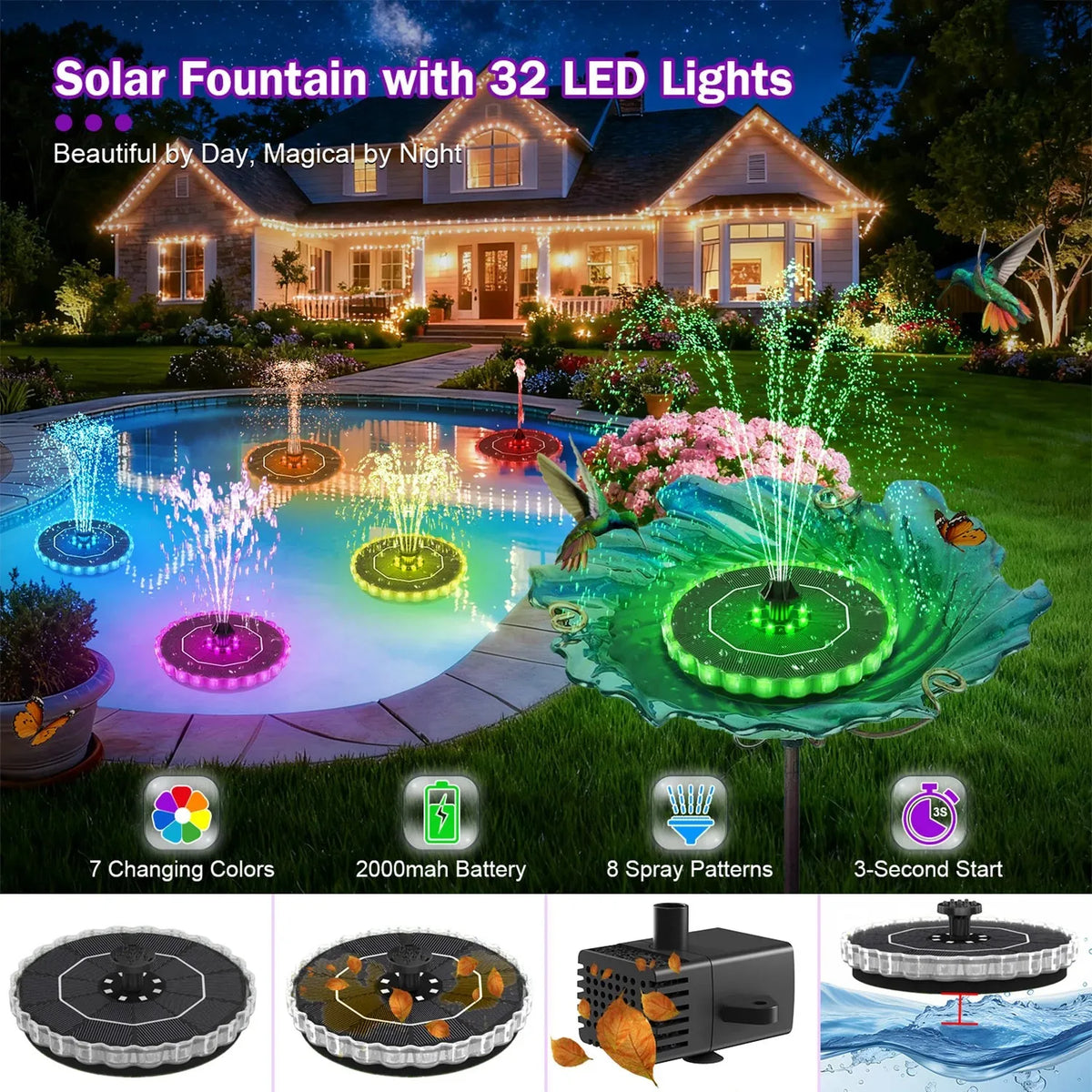 Solar Floating Bird Bath Fountain – 6 Nozzles & Color Lights