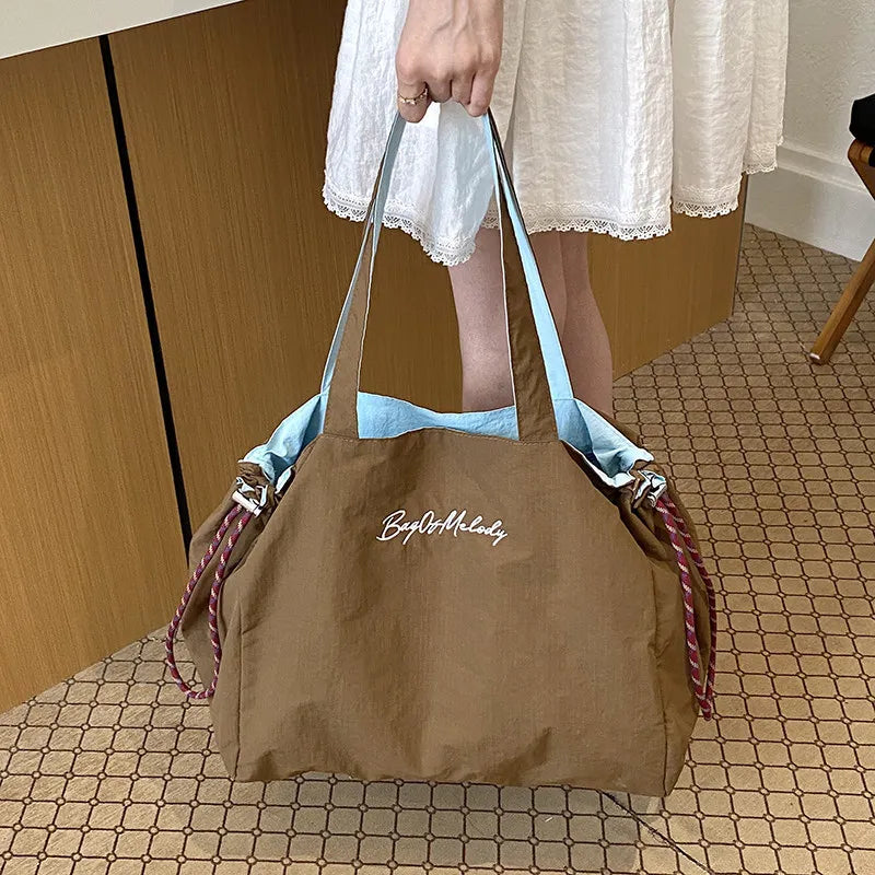 Women's Reversible Canvas Drawstring Shoulder Tote Bag