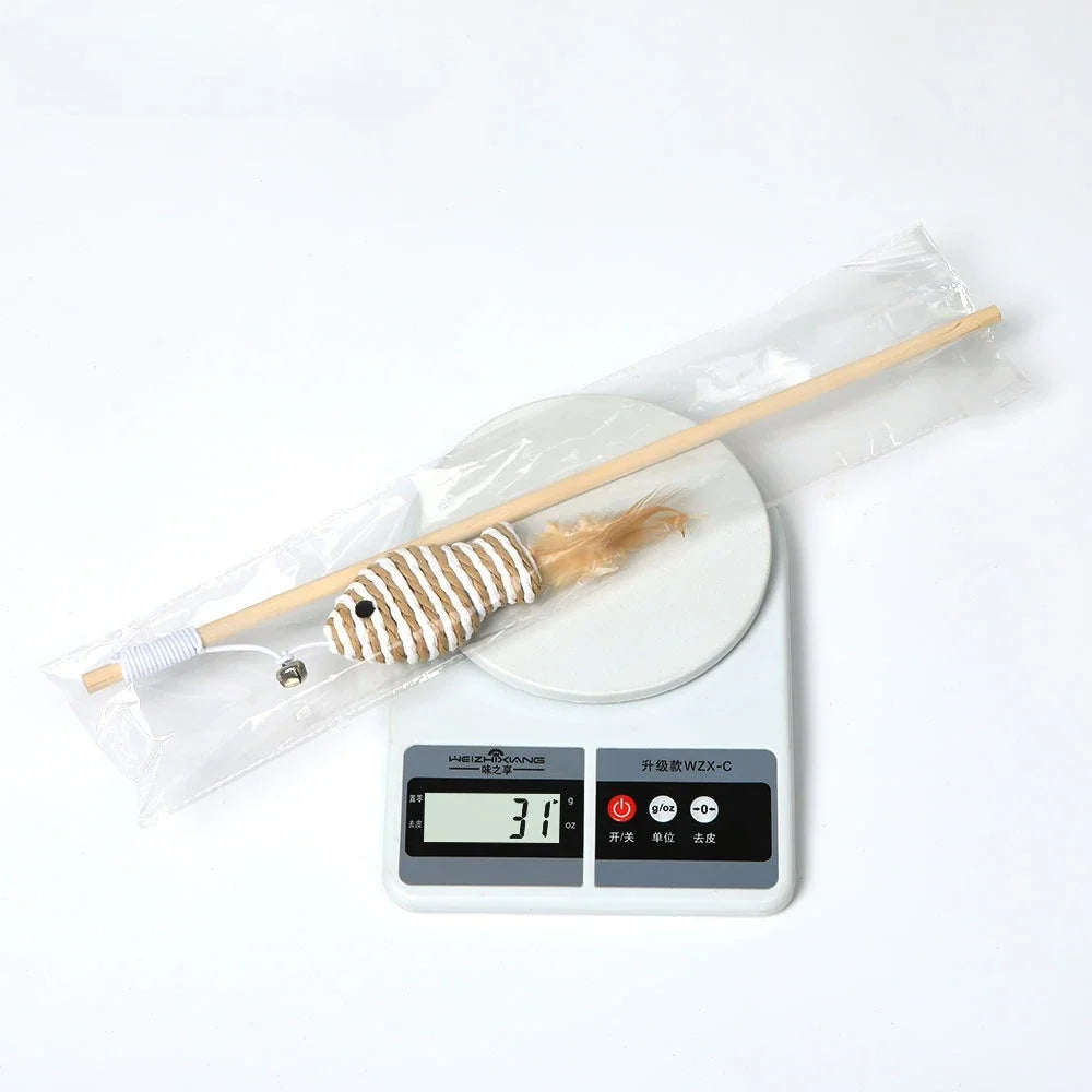 Wooden Handle Cat Teaser Wand – Feather, Bell & Elastic String