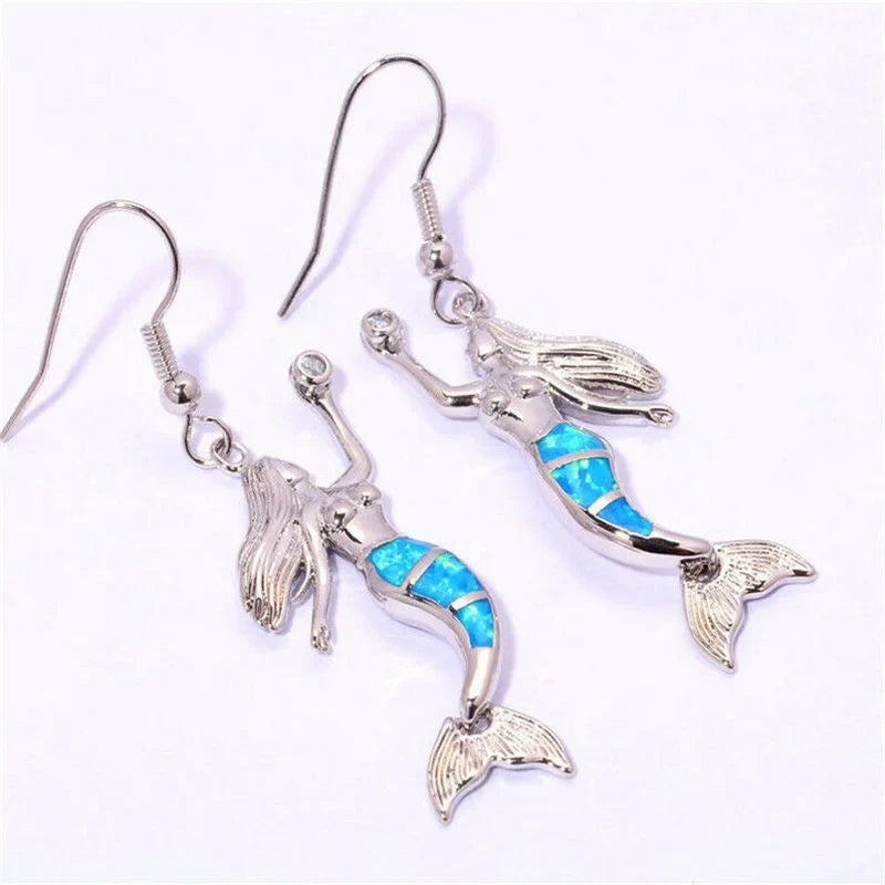 Women's Mermaid Simulated Opal Silver Long Drop Earrings
