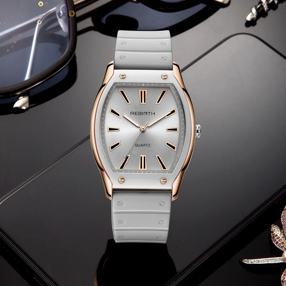 REBIRTH Unisex Casual Quartz Watch – Silicone Strap Tonneau Dial