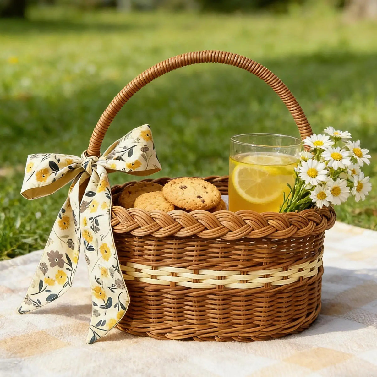 Woven Picnic Basket Rattan-Look Hamper with Handle & Ribbon