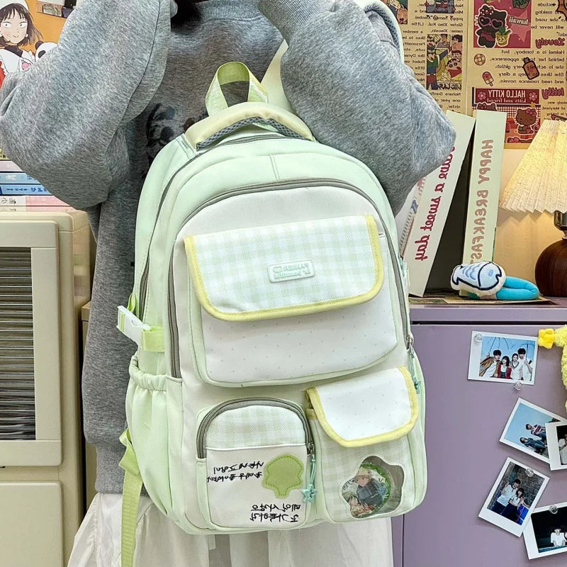 Polka Dot Plaid Girls School Backpack – Large Capacity Bag